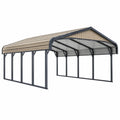 Cochera exterior 610 x 366 x 290 cm de acero gris oscuro y beige con cubierta metálica