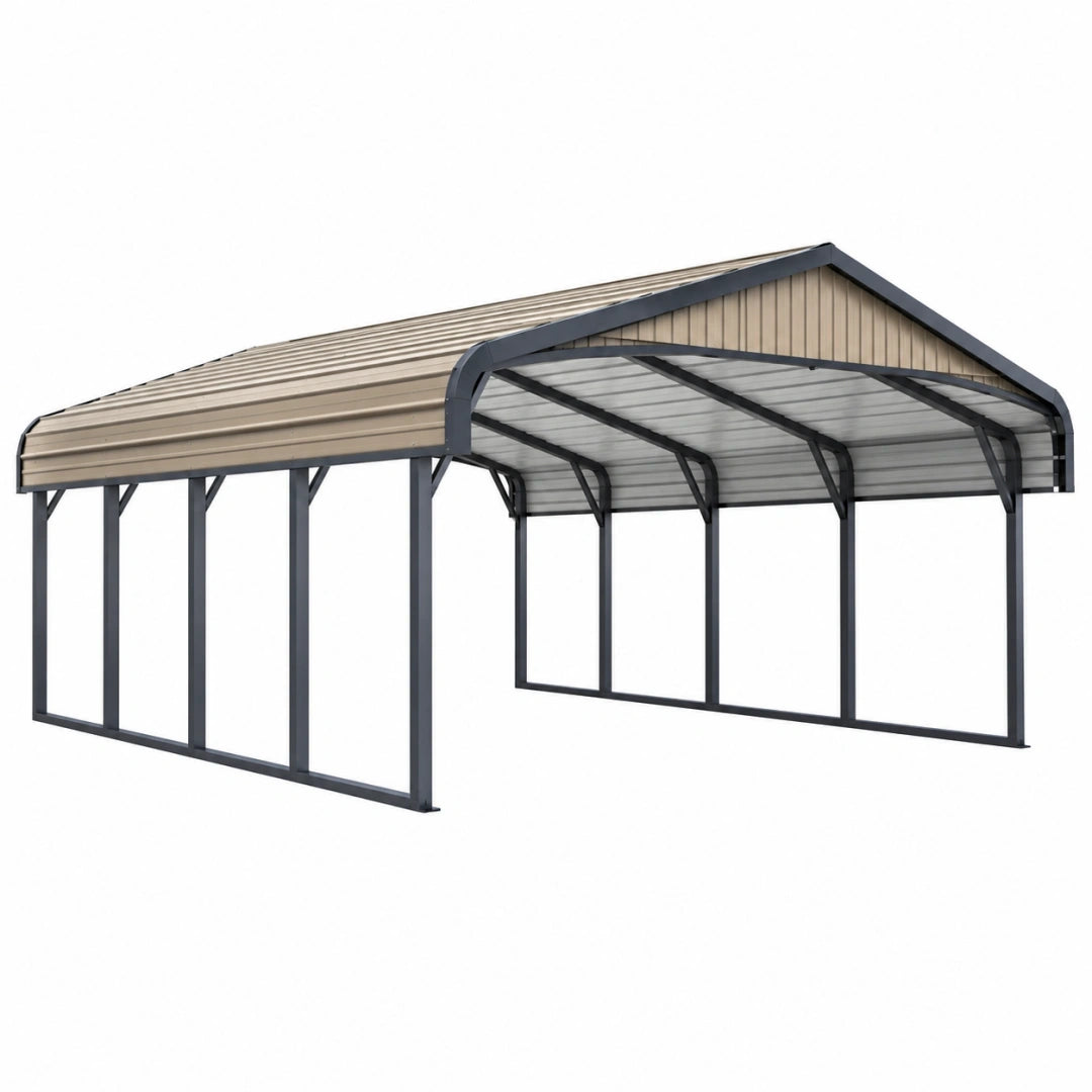 Cochera exterior 610 x 366 x 290 cm de acero gris oscuro y beige con cubierta metálica