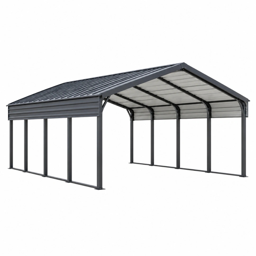 Cochera cubierta 600x300x270 cm de acero negro para exterior con techo inclinado