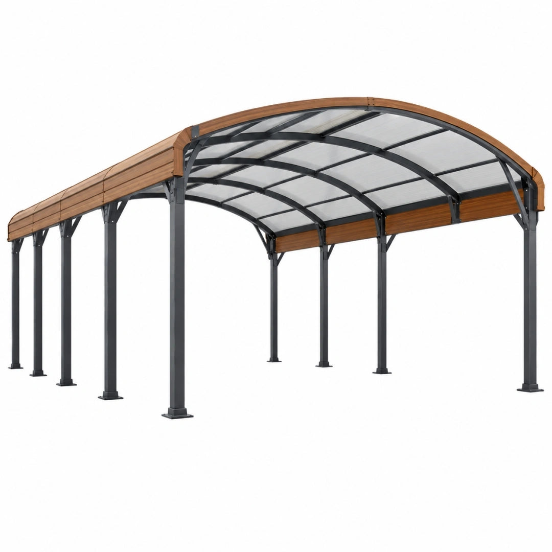 Cochera cubierta 600 x 300 x 280 cm de metal y policarbonato marrón y negro para exterior