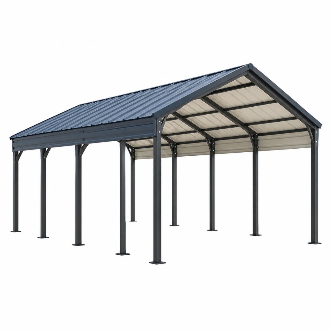 Cochera cubierta 600 x 300 x 290 cm de acero negro con techo inclinado para exterior