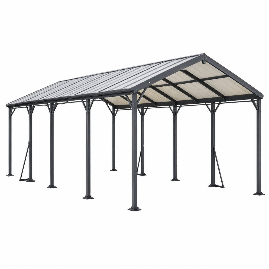 Cochera cubierta 600 x 300 x 280 cm de acero negro para exterior con techo curvo