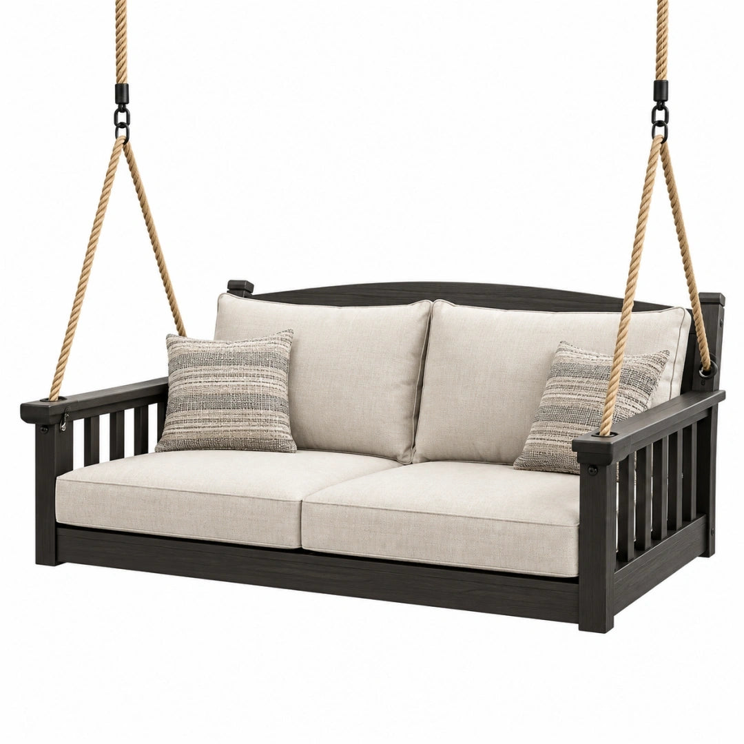 Banco columpio colgante 122 x 65 x 58 cm de metal marrón con cojín beige para exterior