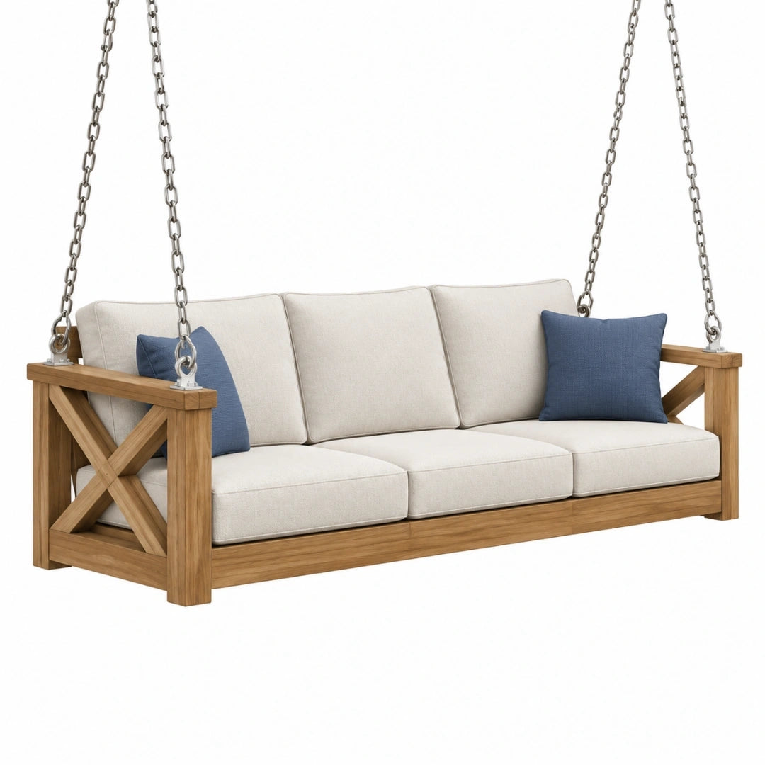 Columpio sofá de 3 plazas 180 cm de madera y cuerda beige estilo rústico