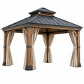 Cenador de jardín 300 x 300 x 300 cm metálico marrón y negro con cortinas estilo clásico