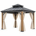 Cenador 300 x 300 x 330 cm de madera y metal marrón negro para jardín con cortinas estilo pabellón