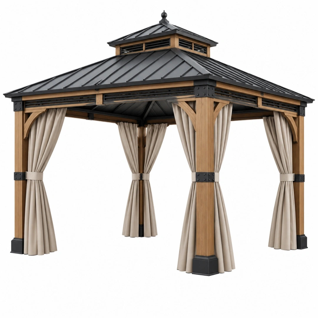 Cenador de jardín 400 x 400 x 320 cm de madera y metal beige marrón con cortinas