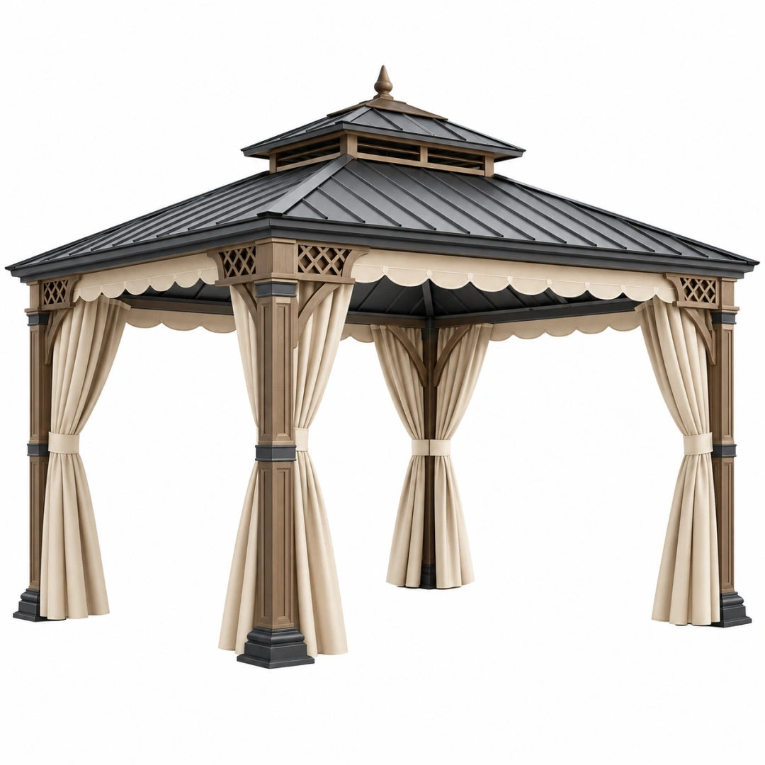 Cenador de jardín 300 x 300 x 300 cm de madera natural con techo negro y cortinas grises - pabellón exterior