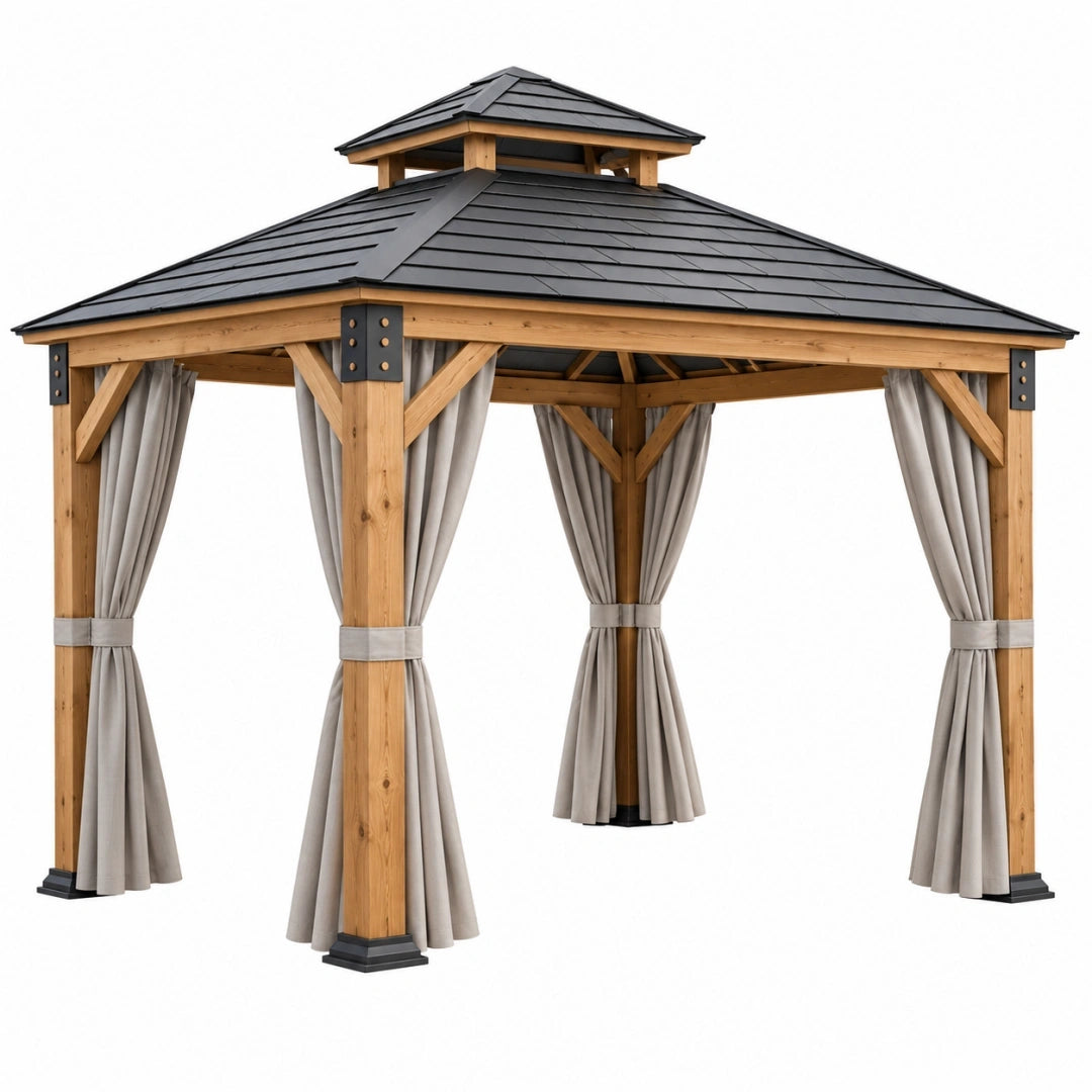 Cenador de jardín 300 x 300 x 300 cm de madera con techo metálico y cortinas estilo clásico
