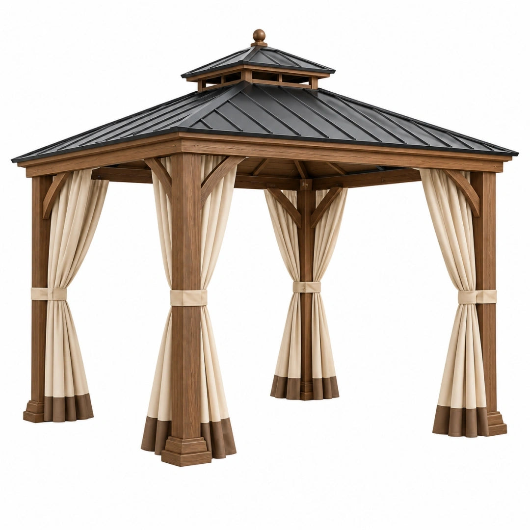Cenador de jardín 300 x 300 x 300 cm de madera y metal marrón con cortinas