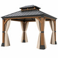 Cenador de jardín 300 x 300 x 320 cm de madera y metal con cortinas beige