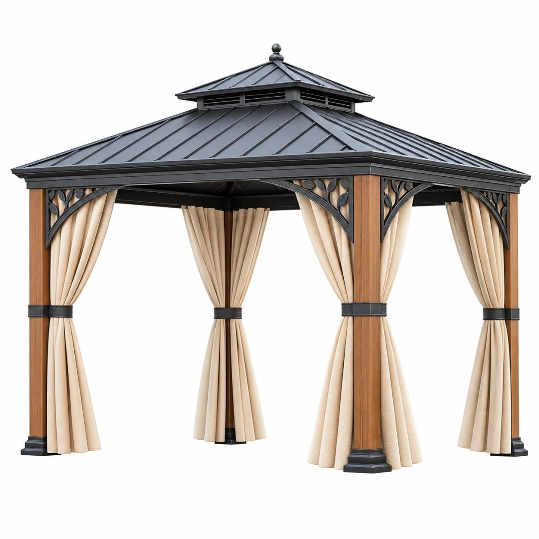 Cenador de jardín 360 x 360 x 350 cm de madera metal y piedra con techo piramidal
