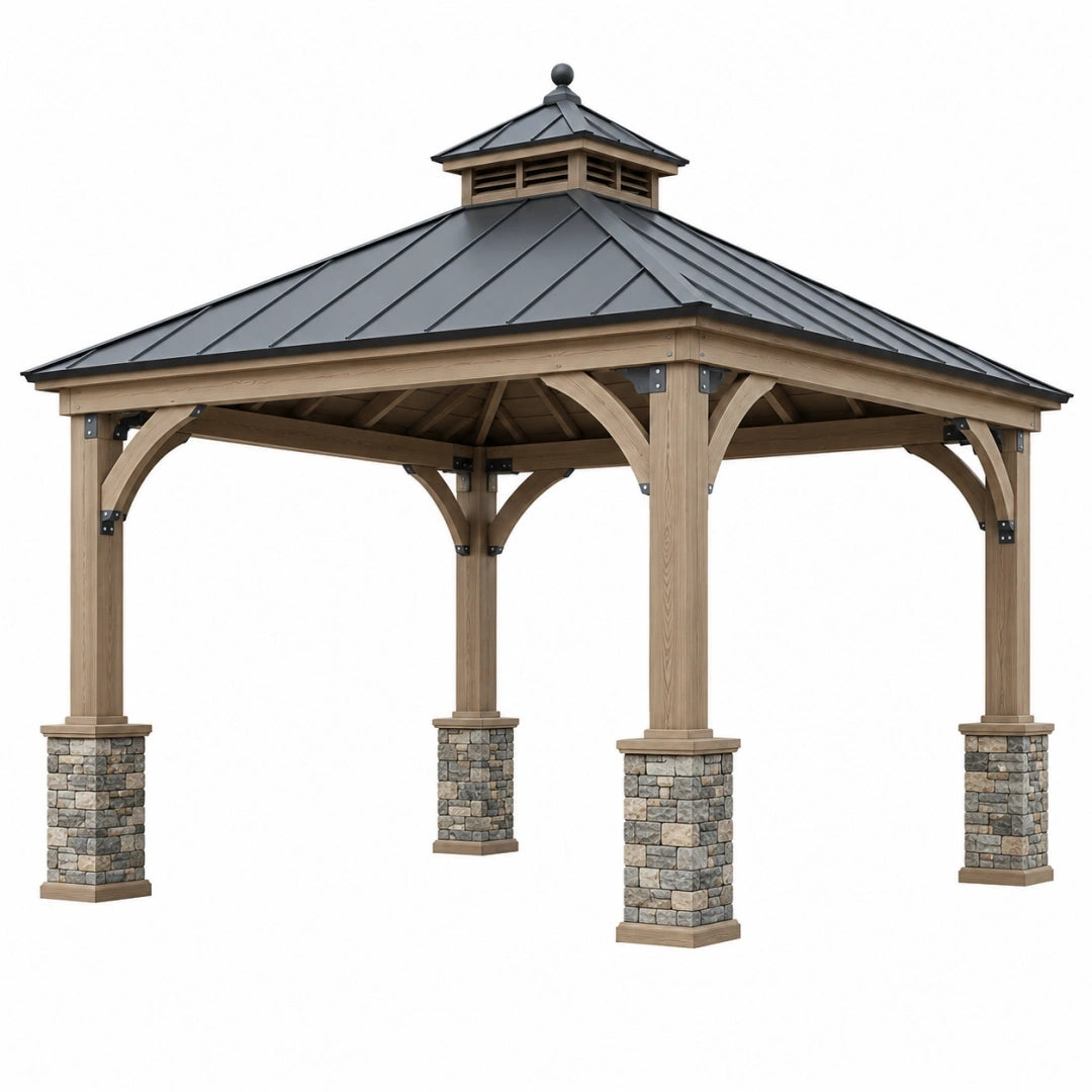 Pérgola de jardín 300 x 300 x 320 cm de madera marrón con techo metálico negro