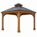 Cenador 300 x 300 x 300 cm de madera y metal marrón con cortinas para exterior