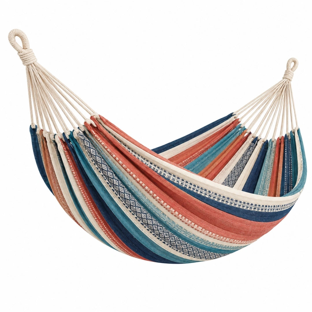 Hamaca colgante 200 x 150 cm de tejido verde beige y marrón con anillas metálicas para exterior