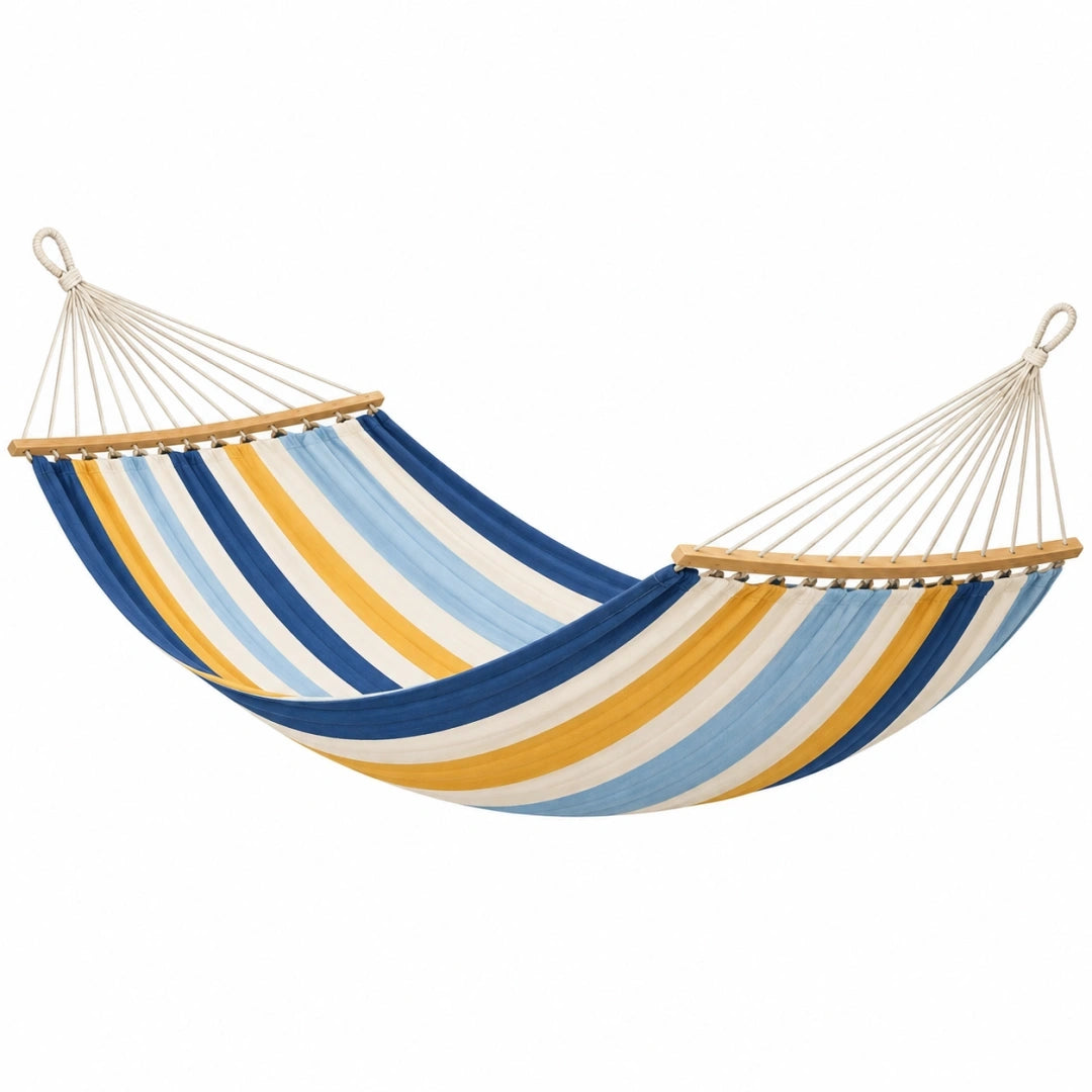 Hamaca 300 x 150 cm de tejido naranja y crema para exterior con mosquetones