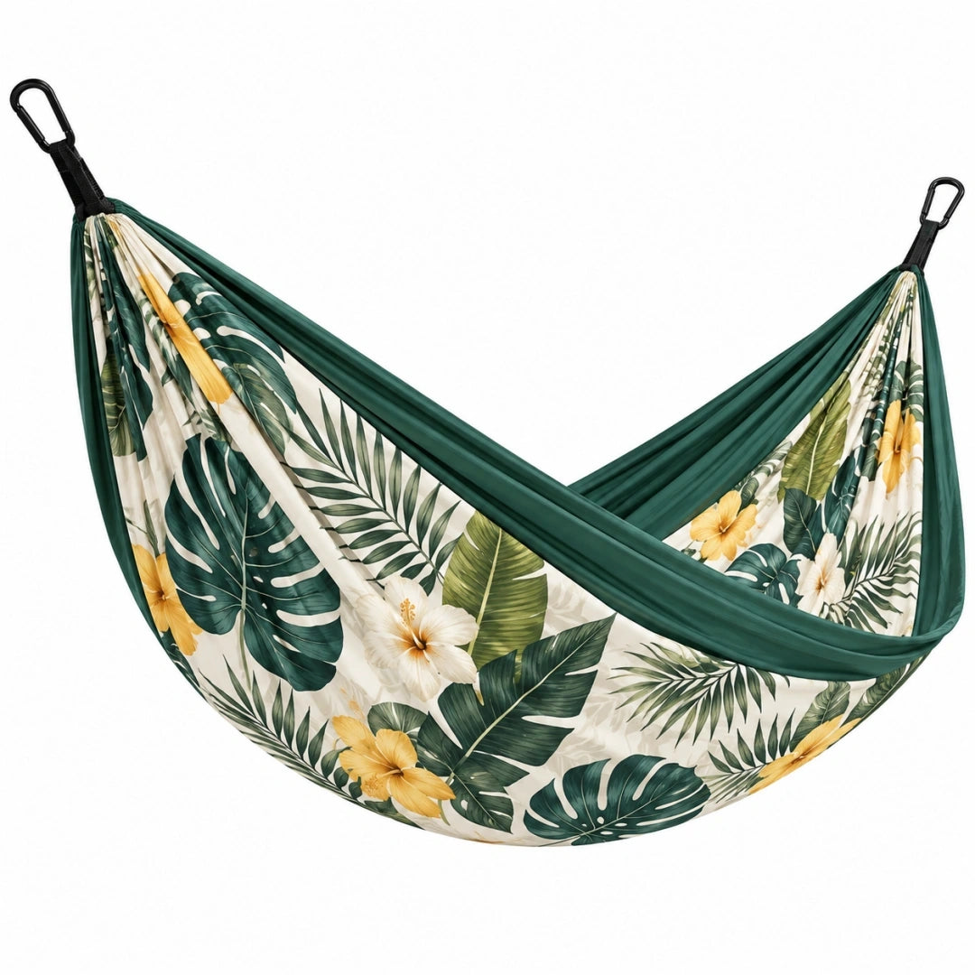 Hamaca 270 x 150 cm de tela verde y crema para exterior con mosquetones