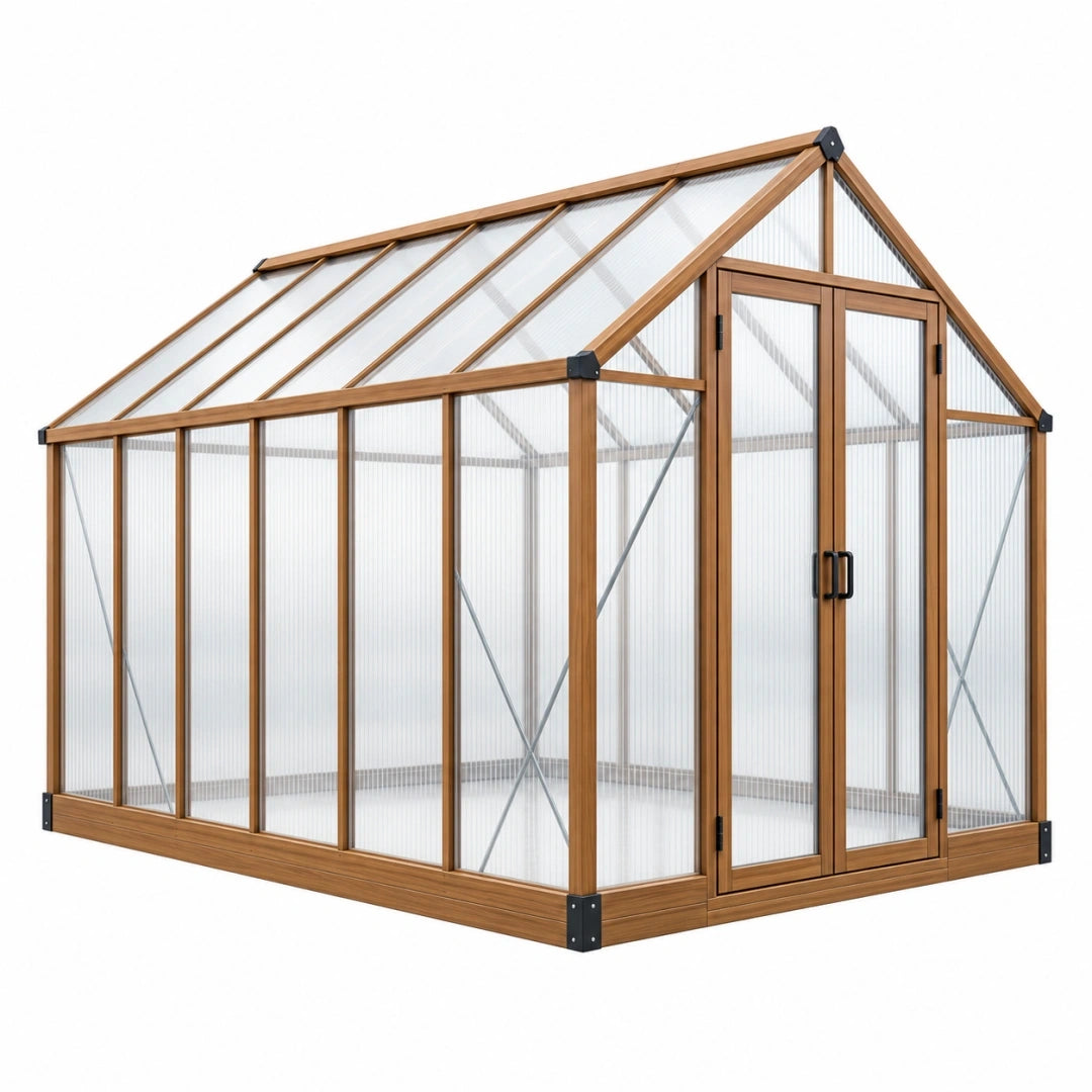 Invernadero de jardín 300 x 240 x 240 cm de madera marrón con paneles transparentes y puertas dobles