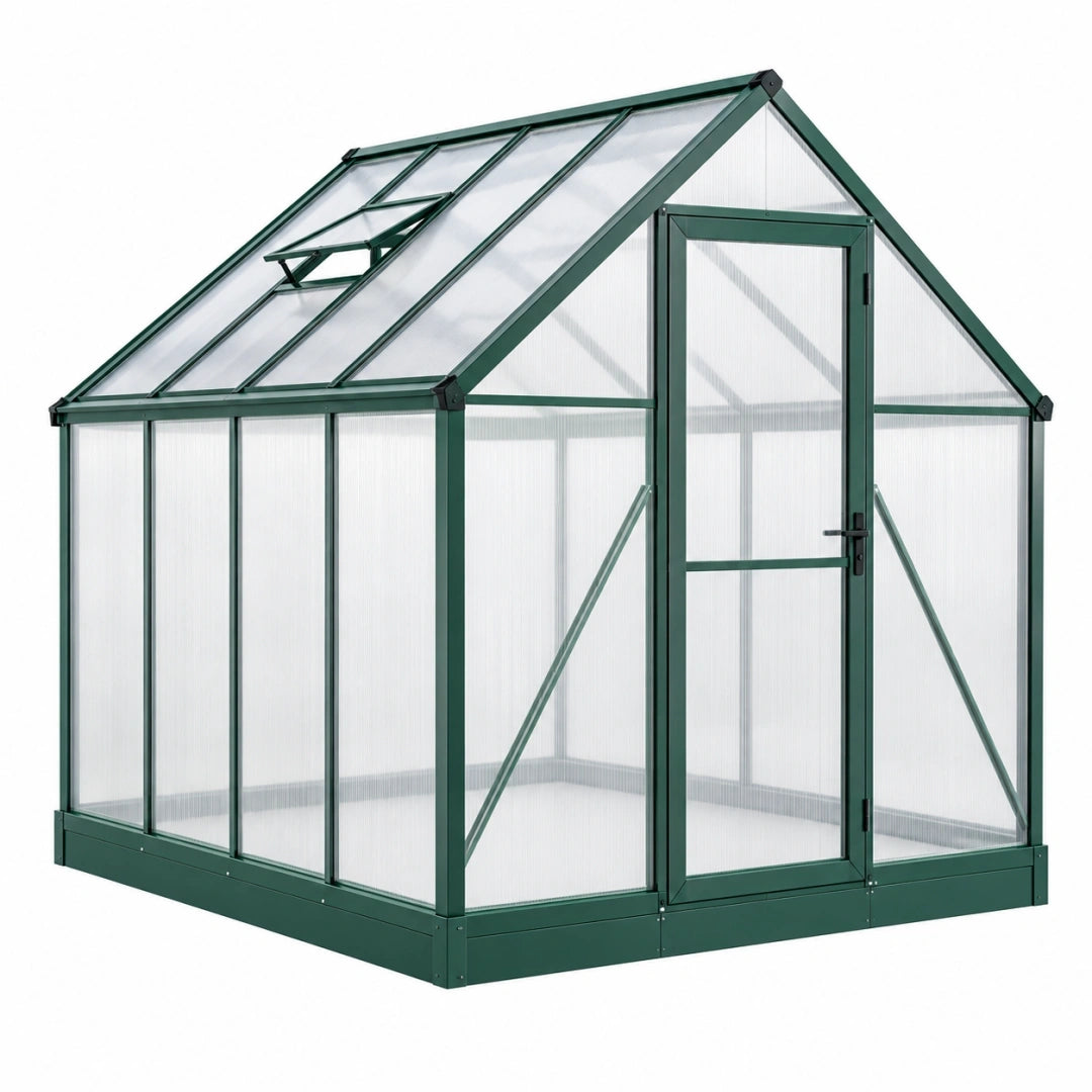 Invernadero de jardín 190 x 190 x 195 cm de aluminio verde con paneles de policarbonato y base de madera - ventilación