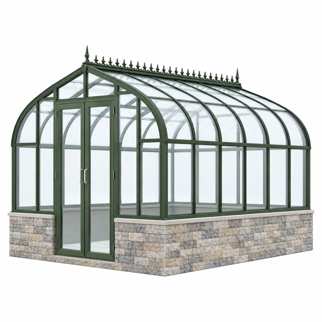 Invernadero de jardín 300 x 250 x 250 cm con estructura metálica verde y paneles transparentes